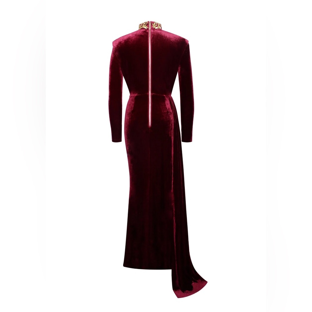 Miss Circle Zenaida Burgundy Cutout High Slit Velvet Gown - Medium